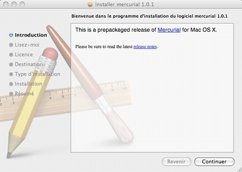 écran d'installation de mercurial sous Mac OS X